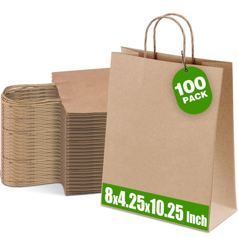 Ginkgo 100 Pcs Paper Gift Bags with Handles Medium Size Brown Paper Bags 8x425x1025 Inch Kraft Bag for Party Favor Goodie Grocery and Shopping